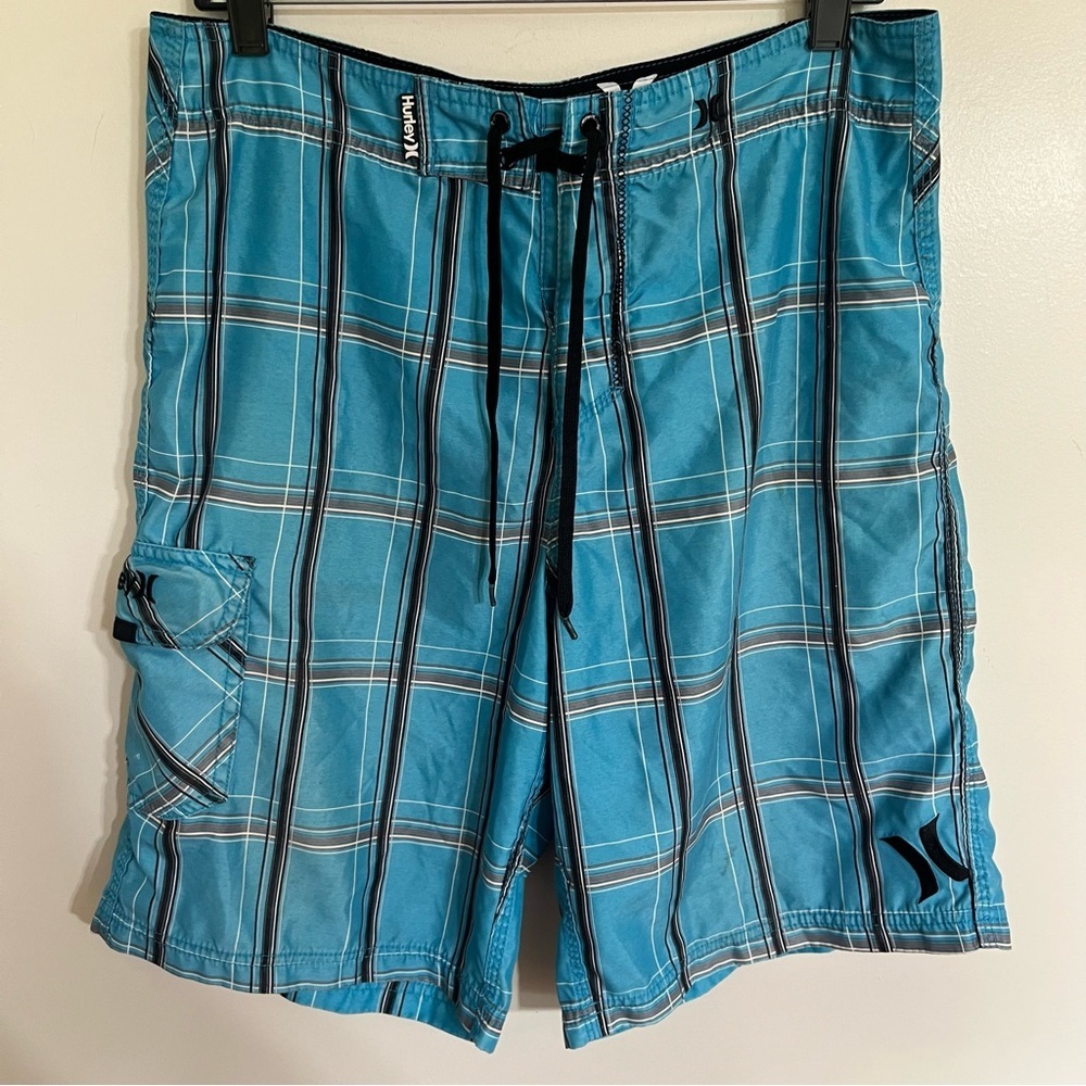 Hurley Board Shorts Mens Size 34 9"‎ Inseam Blue Stretch Swim Trunks Beach